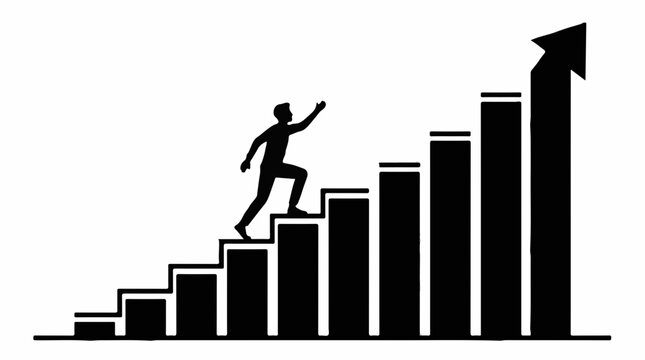 Silhouette person climbing upward progress bar chart stairs representing career growth success with person ascending stylized arrow white background