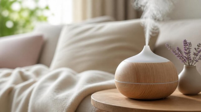 Essential oil diffuser emitting steam on wooden table with lavender, cozy interior.