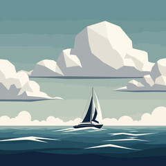 Naklejka premium Minimalist Flat Vector Illustration of a Sailboat Navigating Deep Blue Ocean Waves under Stylized Clouds