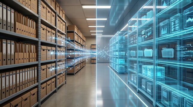 Physical archive shelves transforming into glowing digital folders. Concept of digital transformation, cloud storage, and data management.