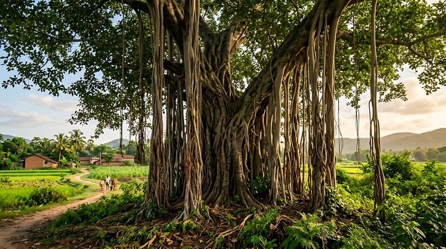 Large old banyan tree in a green tropical field