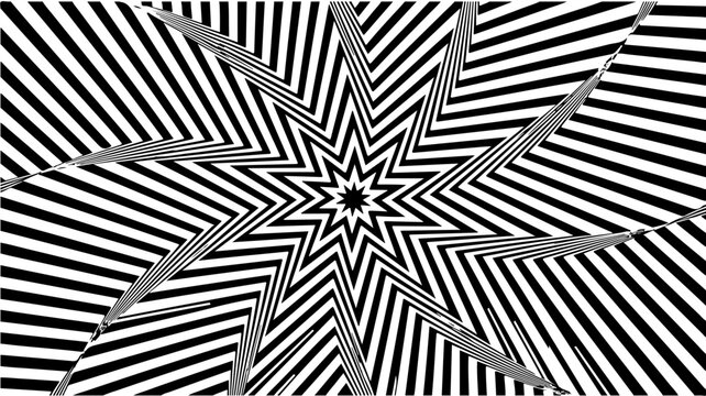Hypnotic optical illusion background, black and white geometric starburst pattern, psychedelic op art vector illustration