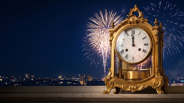 Antique gold mantel clock countdown to midnight with fireworks display