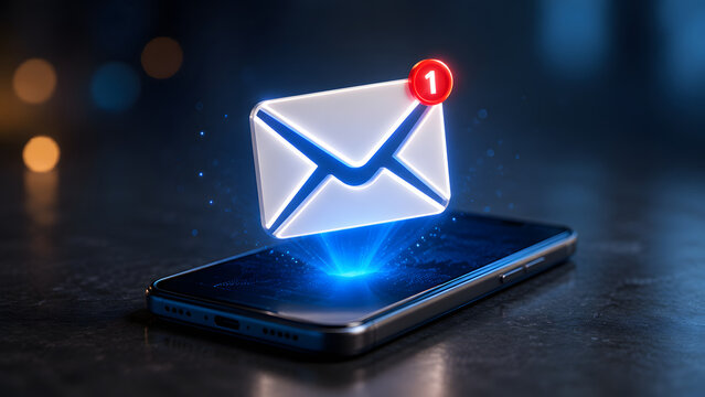 Smartphone projecting glowing white envelope icon with red notification badge. Concept of electronic mail communication and unread mobile message.