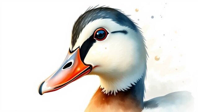 Close-up watercolor illustration of a duck head featuring a bright orange beak and soft splash elements on a pure white background.