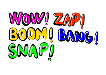 Colorful Comic Book Words WOW ZAP BOOM BANG Hand Drawn Lettering © garganel