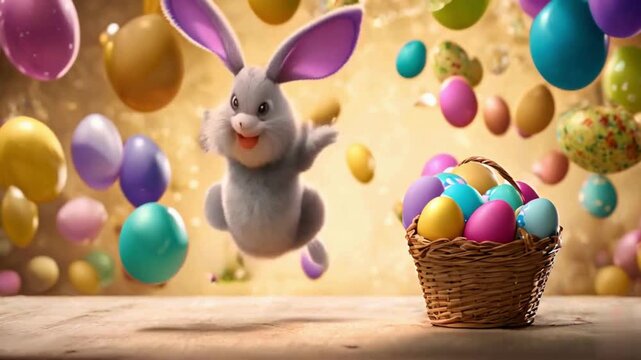 Easter celebration scene features a cartoon rabbit surrounded by floating colorful eggs and a basket of pastel eggs.
