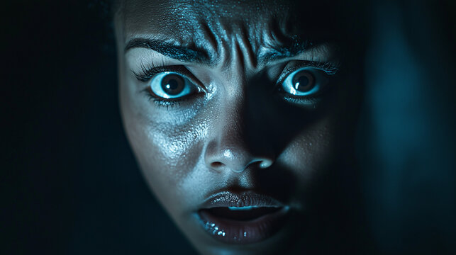 Ai Expression of fear on a woman's face with intense eyes in a dark setting
