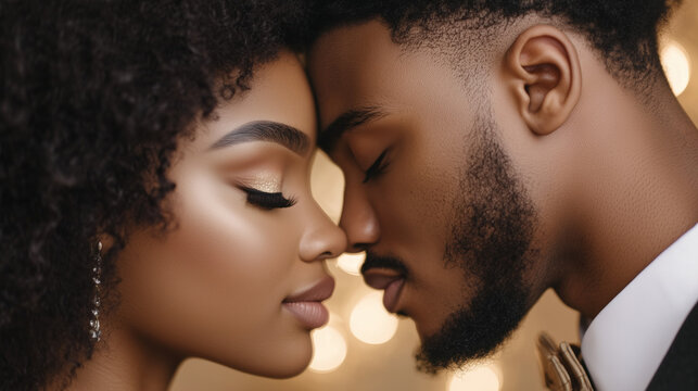 Ai Couple sharing a moment of closeness with eyes closed and foreheads touching in soft indoor light