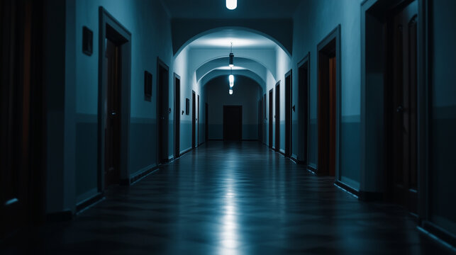 Ai Long empty hallway with doors and light fixtures in a quiet building during nighttime