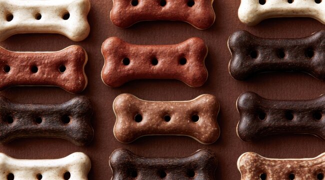 Assorted bone-shaped dog treats in chocolate and vanilla flavors arranged in neat rows
