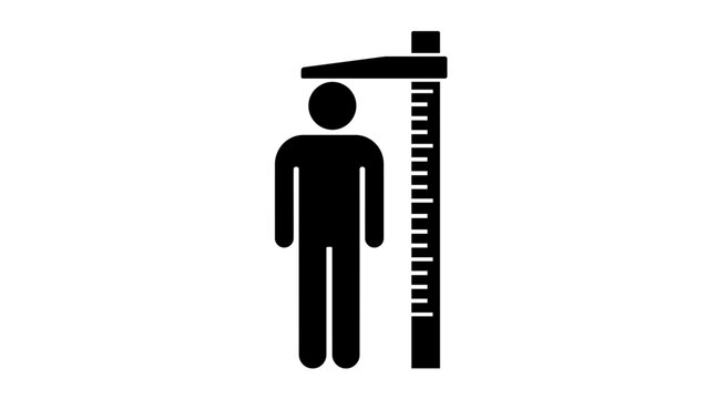 A black silhouette icon of a person being measured for height using a stadiometer with a ruler and sliding headpiece on a white background.