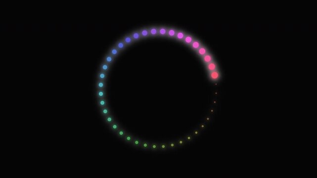 Colorful glowing circle of dots. Neon light ring loading animation on black background.