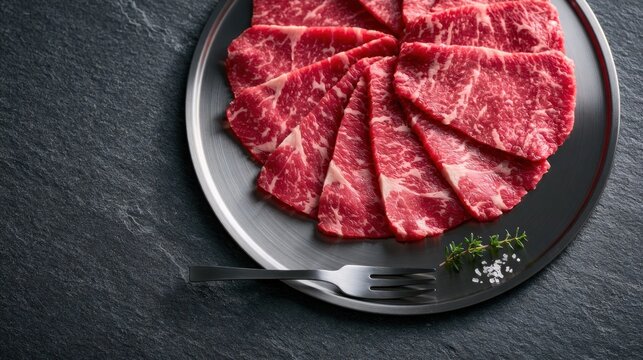 Raw marbled beef slices arranged on a metal plate with thyme sprigs and salt