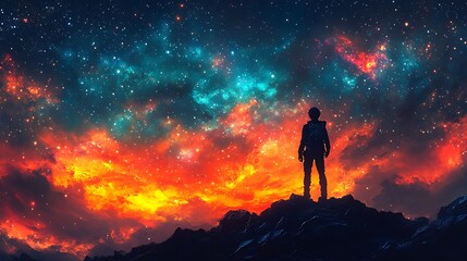 Fototapeta premium Person standing on mountain top at night sky