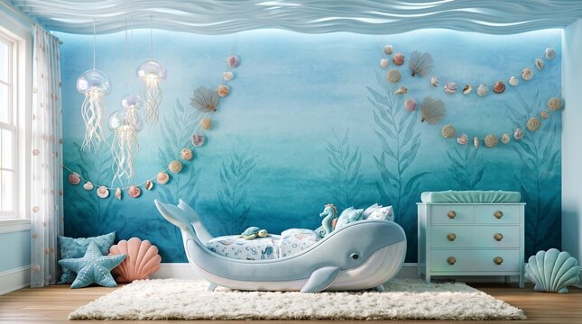 Whimsical Ocean Themed Nursery Interior with Whale Shaped Bed
