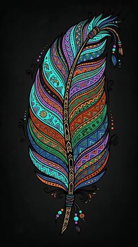 Colorful ethnic feather with tribal ornaments on black background