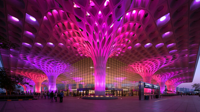 Modern Airport Terminal Architecture Illuminated with Pink Light at Dusk