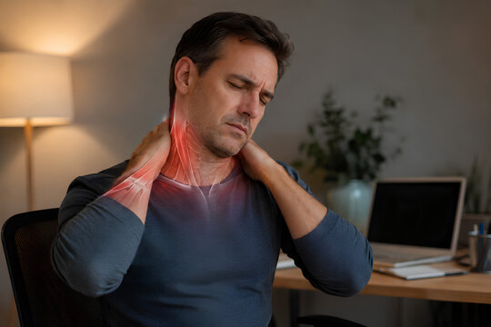 Neck and trapezius muscle pain with anatomy overlay