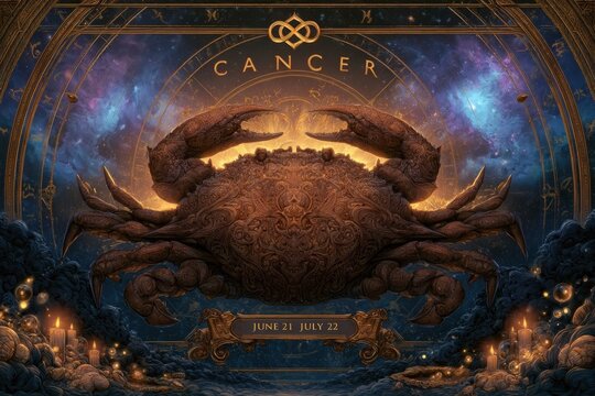 Cancer zodiac crab with golden glow and celestial