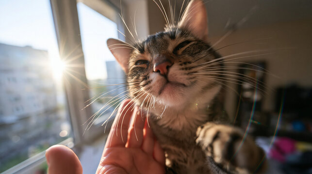Cute Tabby Cat Enjoying Hand Caress Near Sunny Window