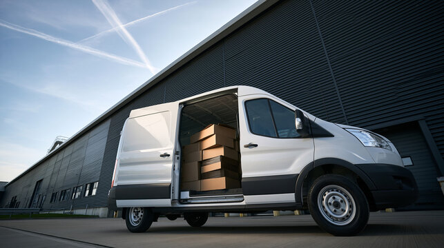White Delivery Van Loaded with Boxes Outside Warehouse