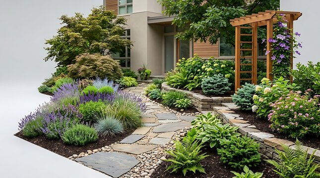 Modern residential garden with stone path and lush flower beds