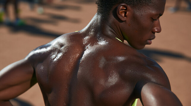 Sweaty Muscular Male Athlete Resting After Intense Outdoor Training