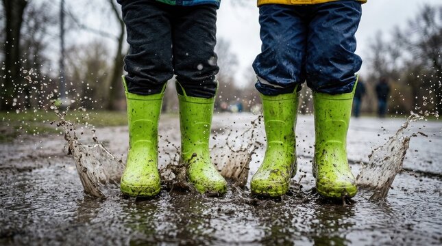 Two children wearing bright green rubber boots jumping in a puddle on a rainy autumn day outdoors