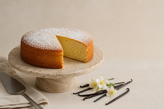 Powdered sponge cake slice with vanilla pods on stone stand