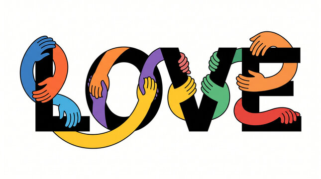 A creative vector illustration featuring diverse multicolored hands interlocking around bold black letters forming the word love on white background.