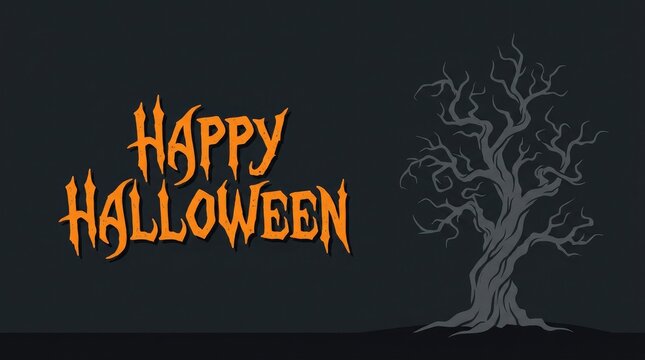 Spooky happy halloween text design with a dark silhouette of a bare leafless tree on a black background