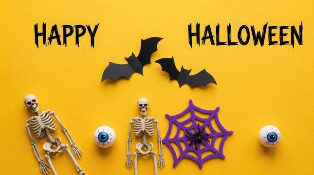 Happy halloween greeting card with skeletons bats spider web and eyeballs on a bright yellow background flat lay
