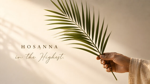 Hosanna in the highest, hand holding a palm leaf against a soft neutral background, palm sunday celebration