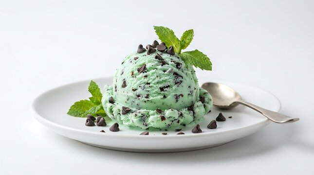 A single scoop of mint chocolate chip ice cream with dark chocolate morsels and fresh green mint leaves on a white plate with a silver spoon