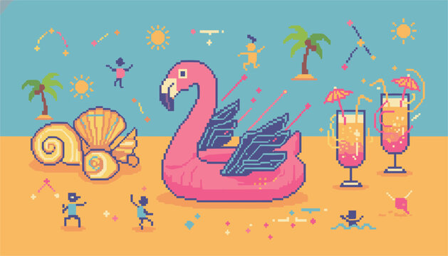 Pixel art summer beach scene features a giant pink flamingo float, tropical cocktails, palm trees, and tiny playing figures.