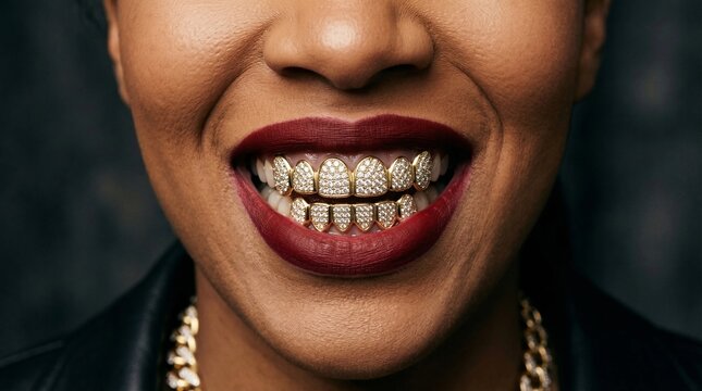 Closeup of a smiling Black woman wearing diamond gold grills and dark red lipstick in a bold luxury fashion portrait