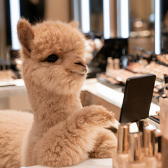 Naklejka premium Cute alpaca looking at a smartphone in a beauty salon