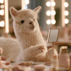 Naklejka premium Cute alpaca looking at a smartphone in a beauty salon