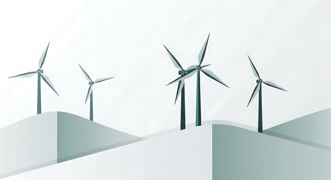 Vector illustration of wind turbines on rolling hills generating clean renewable energy
