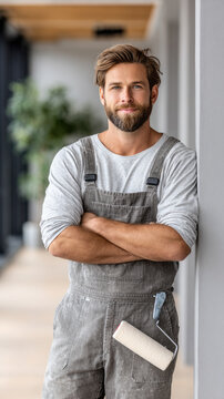 Young male painter wearing overalls and a t shirt, confidently standing with a paint roller in his pocket, performing home improvement and renovation work