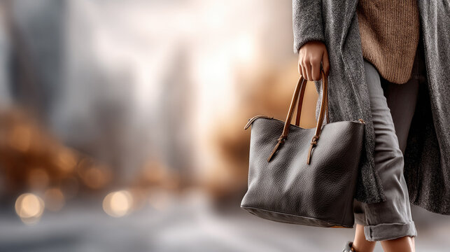 Woman walking in a city setting, carrying a fashionable leather handbag, wearing stylish clothing, representing urban lifestyle, shopping, and modern elegance