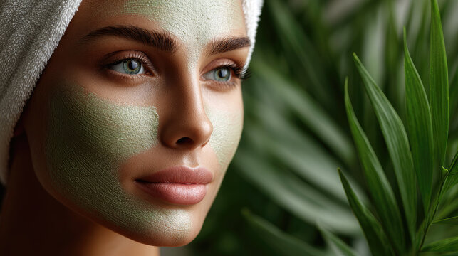 Woman with a white towel on her head applying a green revitalizing face mask for a detoxifying skincare ritual, embracing natural beauty and holistic well being with botanical ingredients