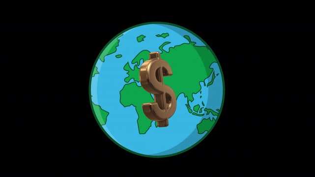 Animated 3D dollar symbol rotating with a spinning globe on a transparent background. Seamless 6-second loop for finance, banking, forex, global business, investment, and economy projects.