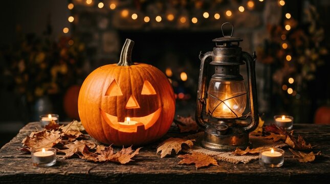 Carved jack o lantern pumpkin with glowing candles and vintage oil lantern on a rustic wooden table for halloween