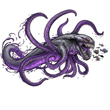Fierce Sea Monster with Multiple Tentacles and Sharp Teeth in Dark Fantasy Style