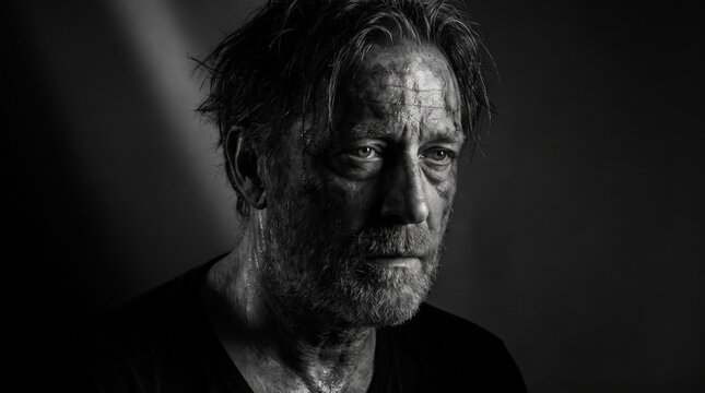Intense black and white portrait of a weathered older man with a beard, reflecting on life's challenges with a serious and contemplative gaze