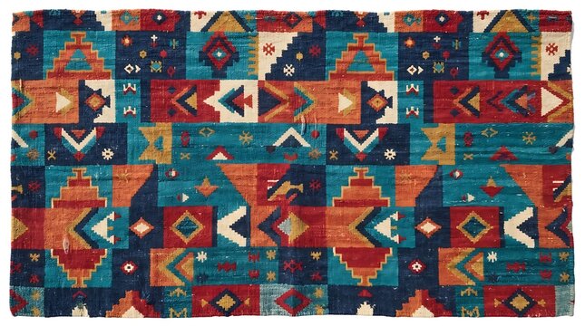Traditional anatolian kilim rug with geometric tribal patterns and vibrant colors