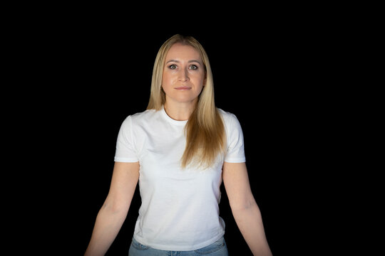 Close up photo of pretty cheerful blonde woman lady stylish white clothes direct empty space beauty procedure isolated on black background