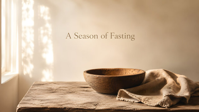 A rustic wooden bowl and a piece of linen cloth on a weathered wooden table, symbolizing a season of fasting, spiritual discipline, and humility